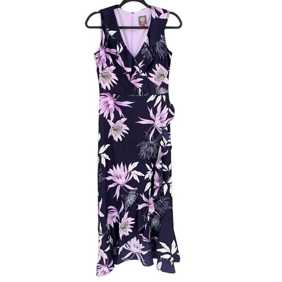 Vince Camuto Maxi Dress Womens 4 Purple Blue White Floral Faux Wrap V-Neck Flowy - Picture 1 of 9